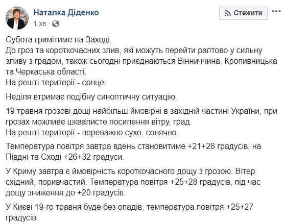 Запад Украины в воскресенье накроют дожди с грозами
